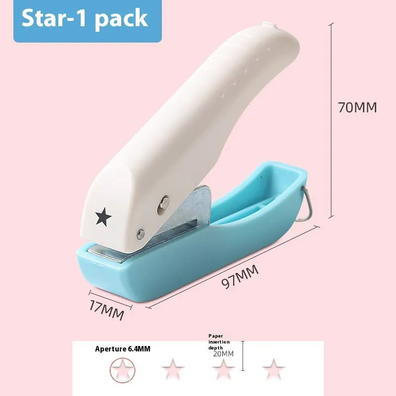 Small manual punching machine with embossed kindergarten patterns creating 4mm and 6mm holes plus love and star shapes