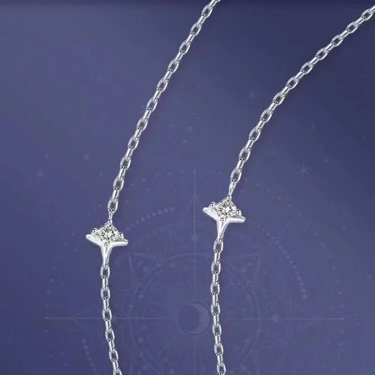Stars and moon copper necklace with heart-shaped pendant on cross chain, pink or white diamond colour