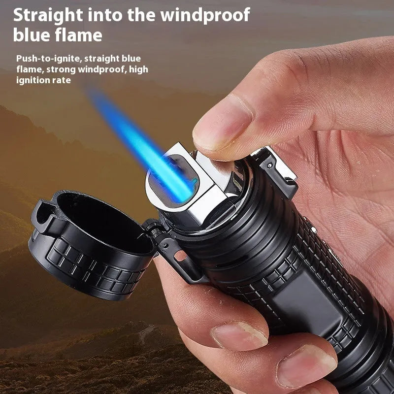TH727 multi-function waterproof flashlight lighter in metal construction with colour options including camouflage, red, black, blue, and yellow
