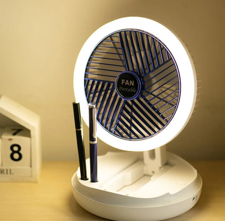 Blue foldable table fan with LED light showing 300° rotation angle and Type-C charging port