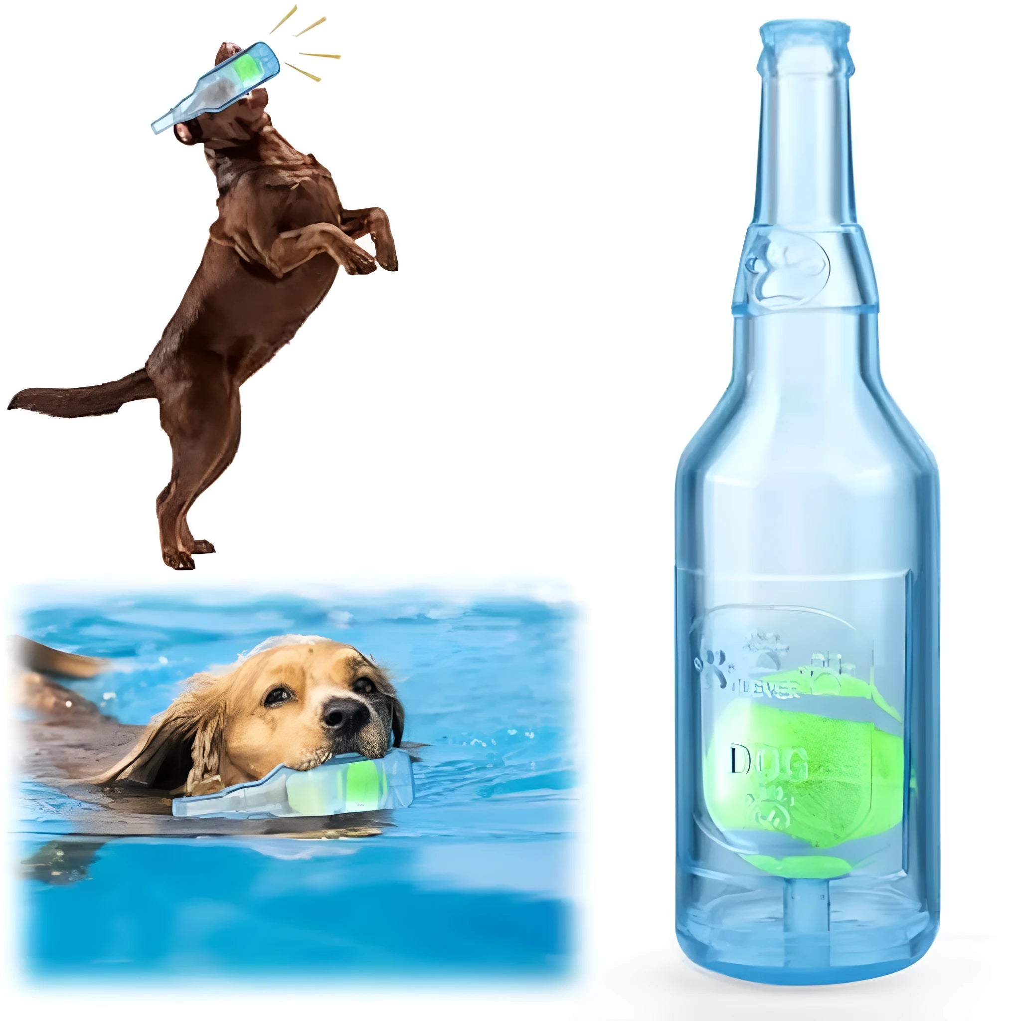 Blue squeaky dog toy shaped like a water bottle with a natural rubber cruncher texture.
