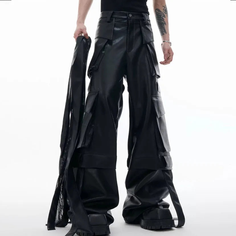 Black loose-fit quilted trousers with PU leather ribbon stitching and multiple pockets