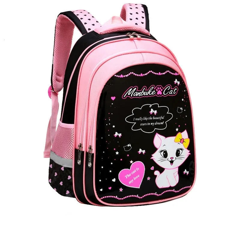 Kids school backpack with cute cat print, nylon, zipper, computer pocket, large and small sizes