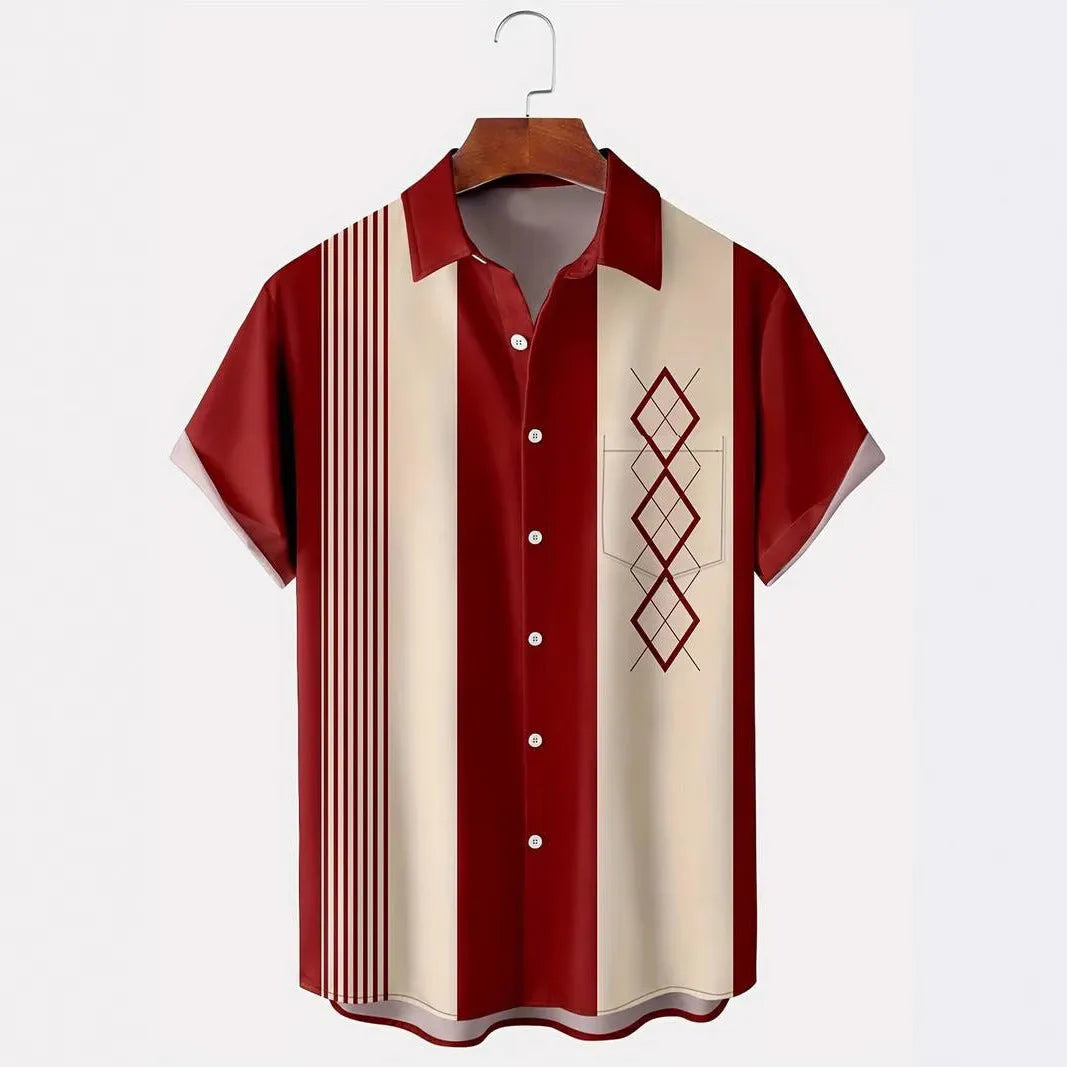 Men's plaid pattern cardigan shirt with lapel collar and short sleeves in loose fit