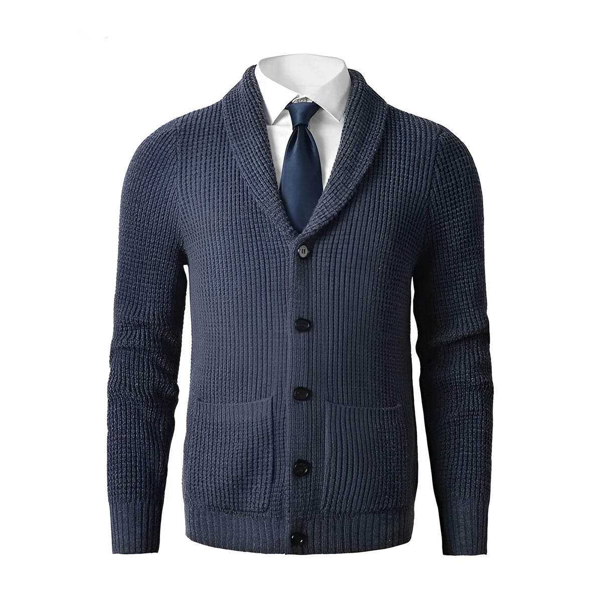 Men's wool knitted cardigan with V-neck, button front, pockets, and solid colour finish, sizes S to 4XL