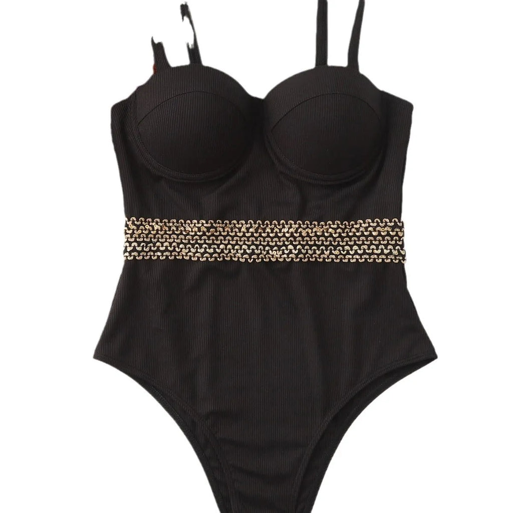 Black one-piece swimsuit with adjustable shoulder straps for women in polyester fabric