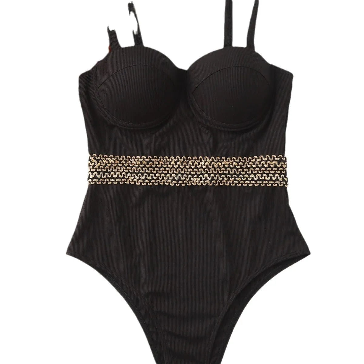 Black one-piece swimsuit with adjustable shoulder straps for women in polyester fabric