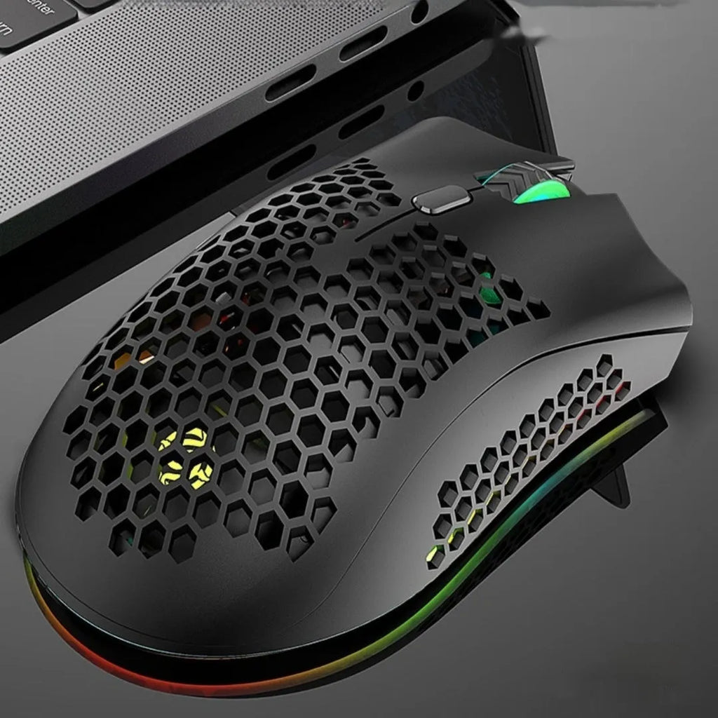 Hollow out wireless mouse with luminous effects in black, cyan, or white, showing dimensions of 123mm by 72mm by 46mm