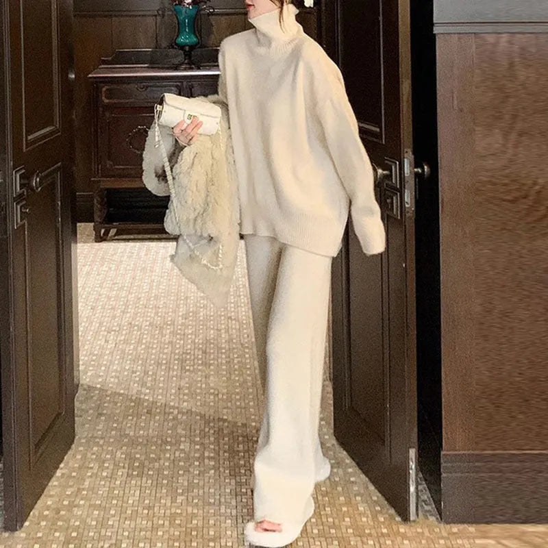 Women's acrylic fibre two-piece set with sweater and wide-leg trousers in solid colour for office commuting