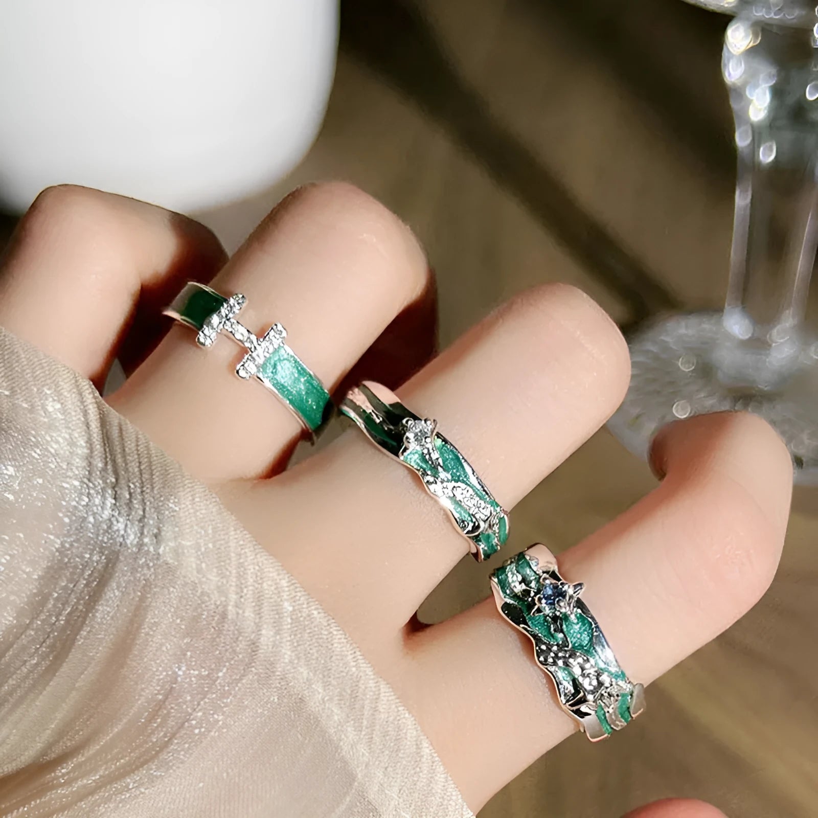 Mint green enamel eight-point asterism ring with irregular folding copper design
