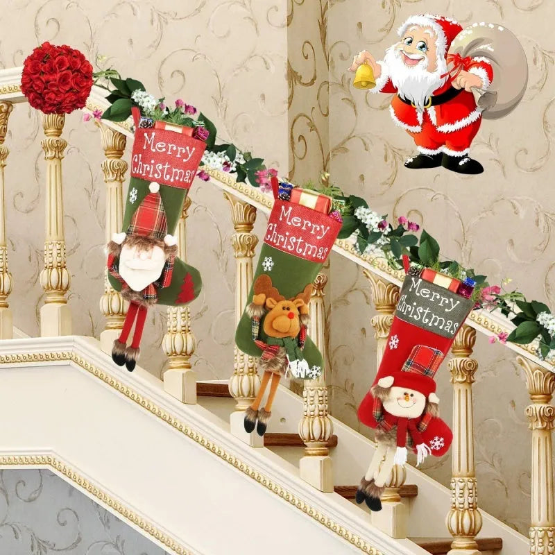 Three large Christmas stockings with Santa, Snowman, and Reindeer 3D applique designs in non-woven fabric