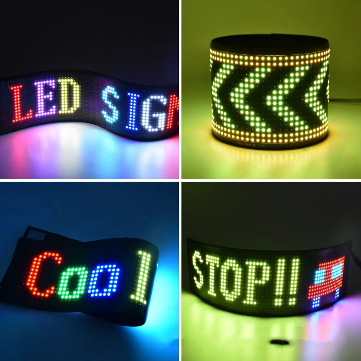 Ultra-thin programmable full-colour LED car display screen showing custom text, flexible circuit board.