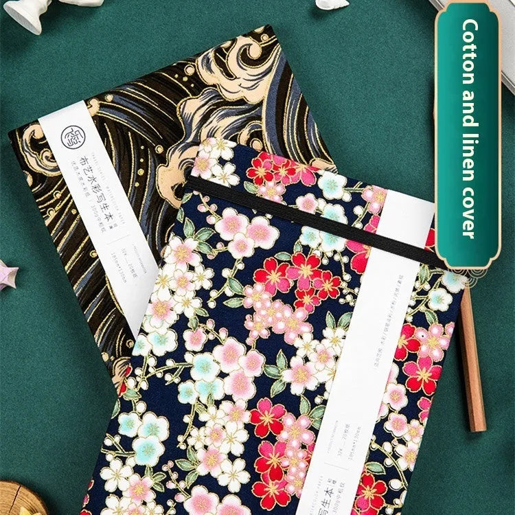 Feiluniao watercolour notebook with handmade fabric cover, 185mm length, showing Dunhuang design