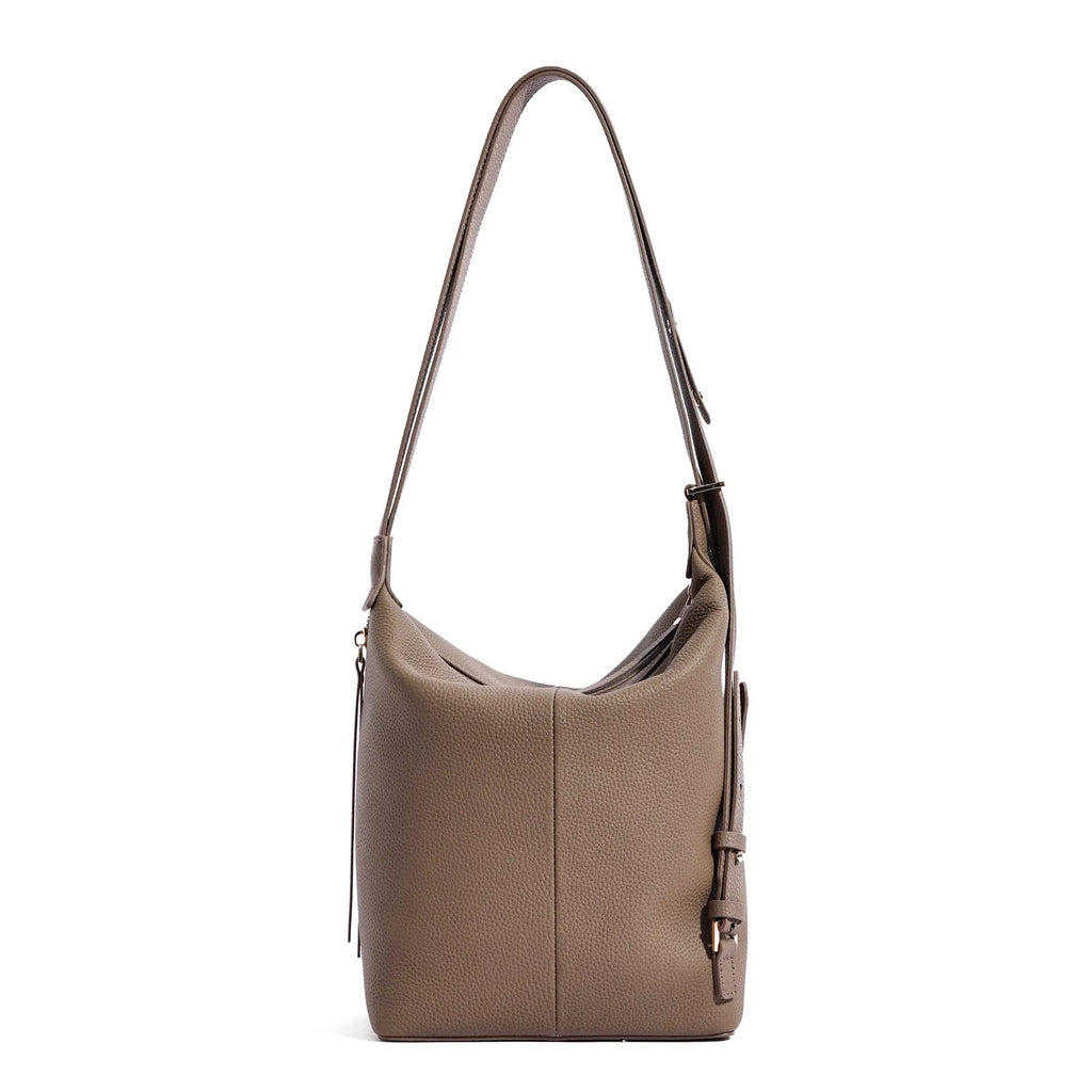 Women's genuine cowhide leather bucket shoulder bag in elephant grey colour showing soft texture and large capacity design