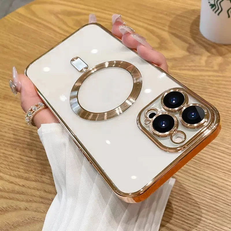 MagSafe magnetic soft TPU phone case for iPhone 16 and 17 in black, silver and gold with electroplated finish