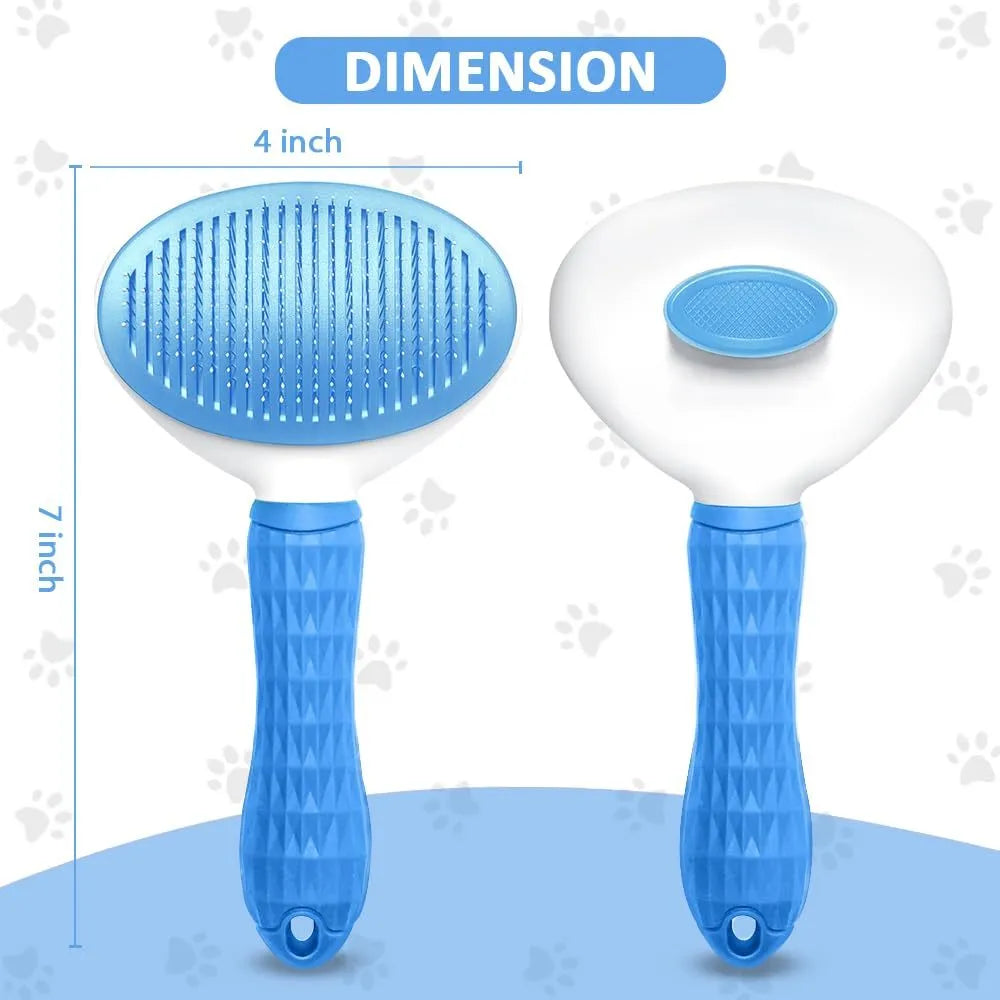 Blue cat grooming brush with release button and fine wire bristles for removing loose fur