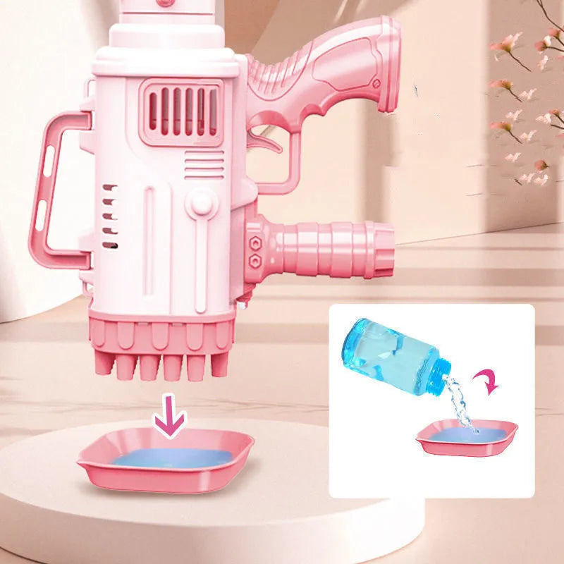 Electric bubble gun with 32-hole bazooka tip in cherry powder pink colour, illuminated version for children's outdoor play