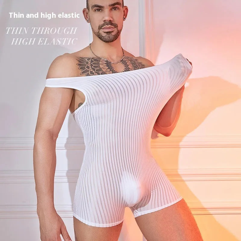 Men's striped jumpsuit in nylon fabric showing vertical pattern in available colours