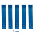 Five colour-coded TPE yoga tension straps with force marks arranged by thickness from 0.5mm to 1.1mm