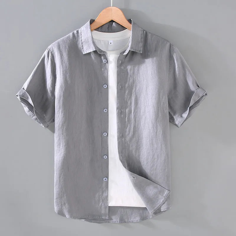 Men's grey linen short-sleeved casual shirt with a regular fit and cardigan style on a hanger