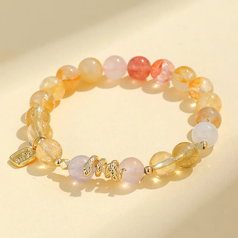 Women's Fu snake lucky crystal bracelet with red sealant flower and beast pattern design