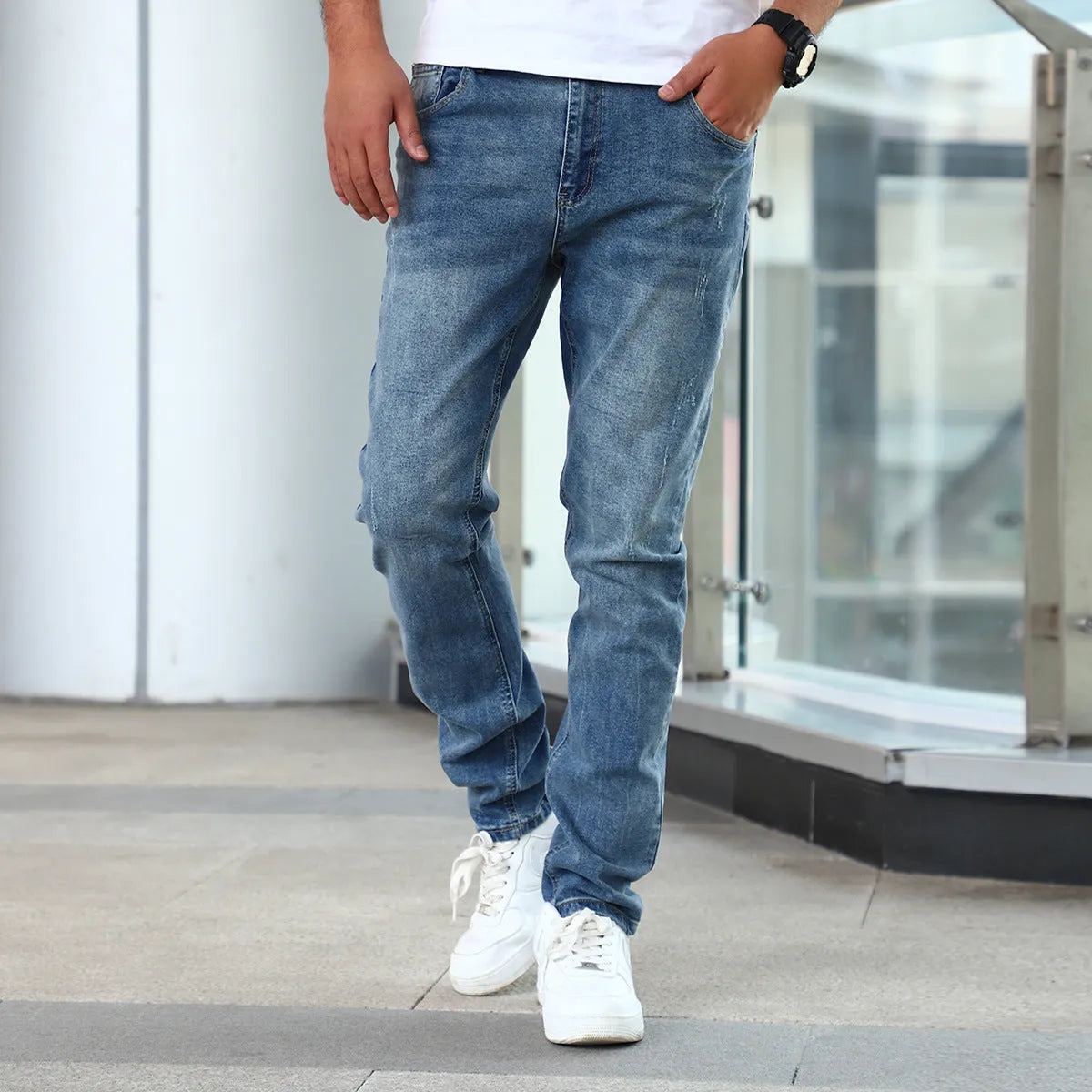 Men's skinny jeans in silver grey, blue, or black with zip fly and tight denim fit