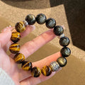 Women's Tigereye Silver Stone double bracelet with gold inlay decoration showing U-shaped design