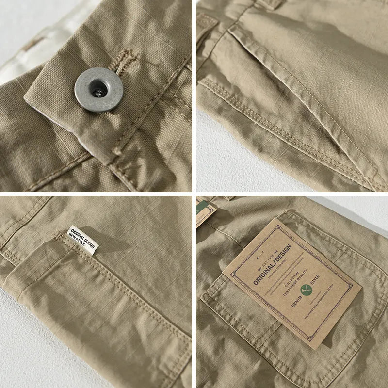 Men's straight-leg cotton trousers in apricot colour with mid waist design