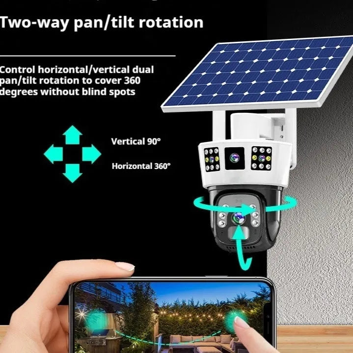 Solar-powered binocular outdoor security camera with dual lenses on a mounting bracket.