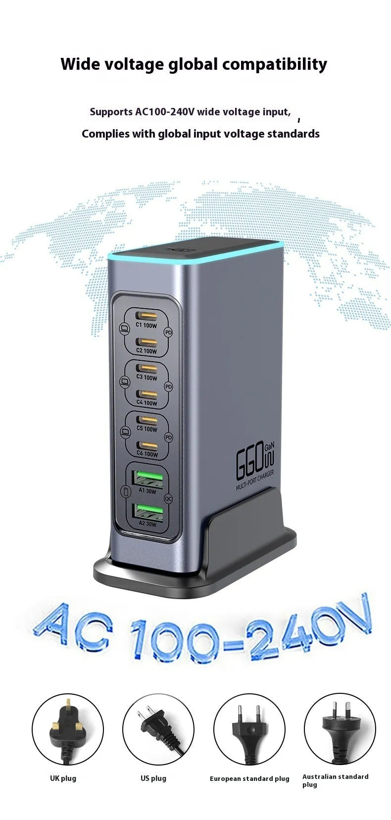 660W GaN desktop charger with five ports and interchangeable plugs for AU, EU, UK, US sockets on a desk
