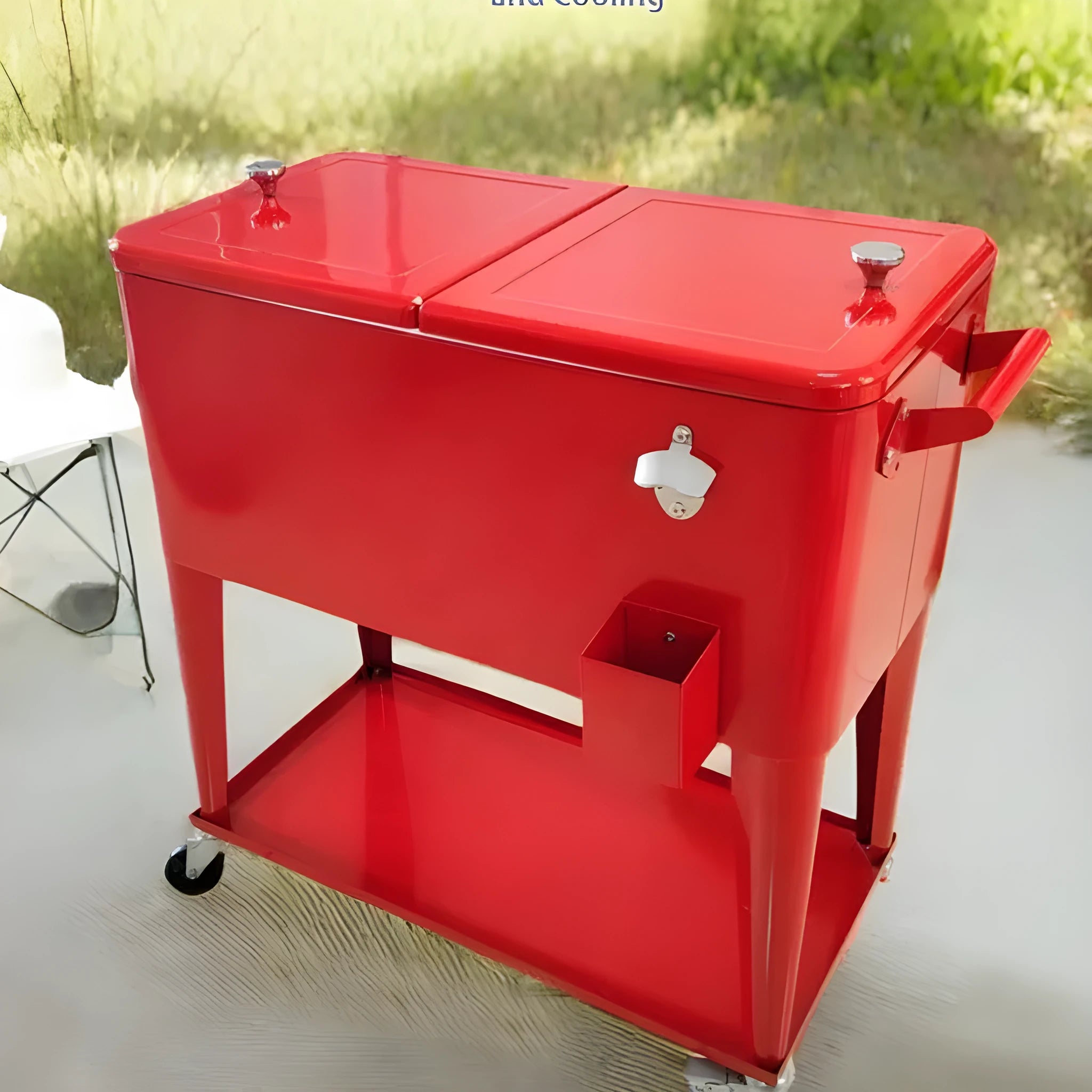 Red outdoor metal insulated trolley cart with 750ml capacity for picnics.