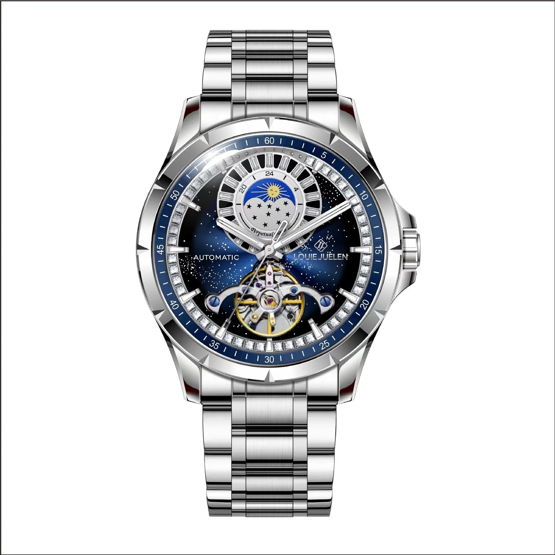 Men's silver alloy case waterproof automatic watch with blue dial and stainless steel strap