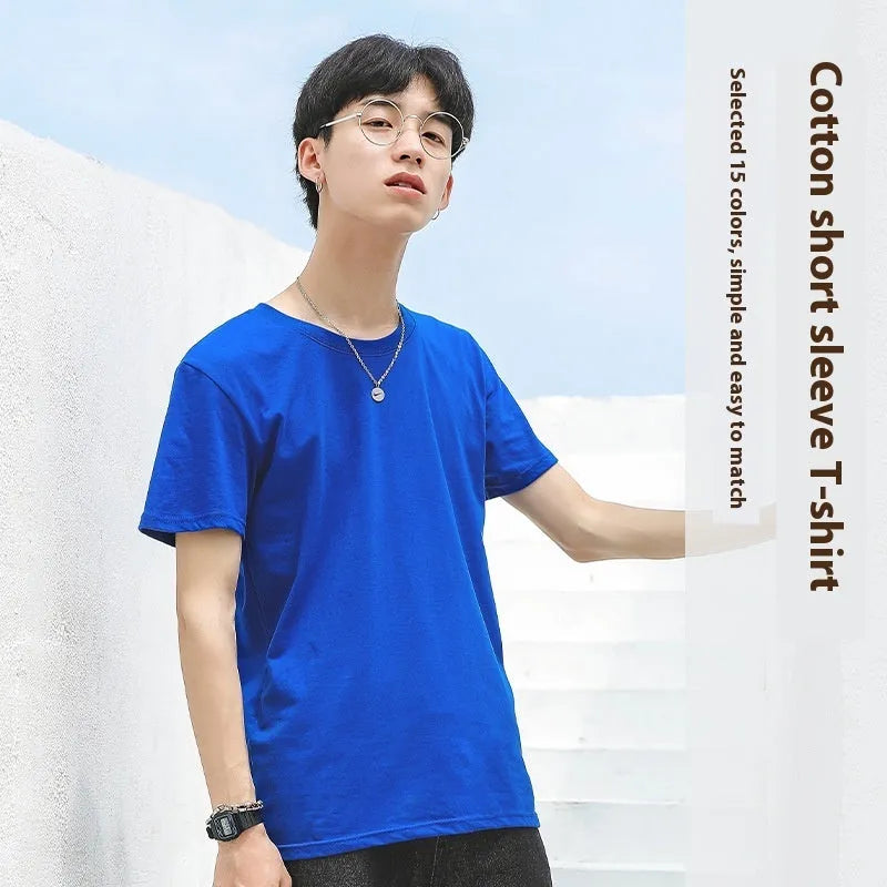 Men's solid colour combed cotton round neck T-shirt on a hanger.