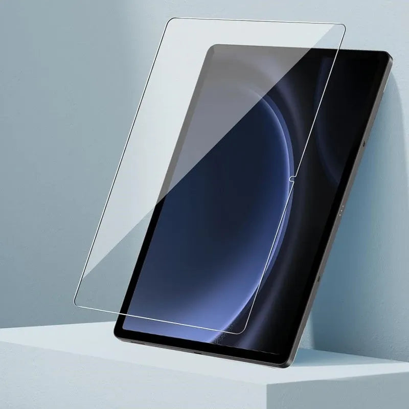 Samsung tablet tempered glass screen protector with 2.5D arc edge and anti-fingerprint coating on a Galaxy Tab