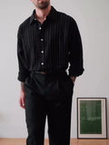 Black pinstriped button-down shirt with striped pattern and regular-length cut