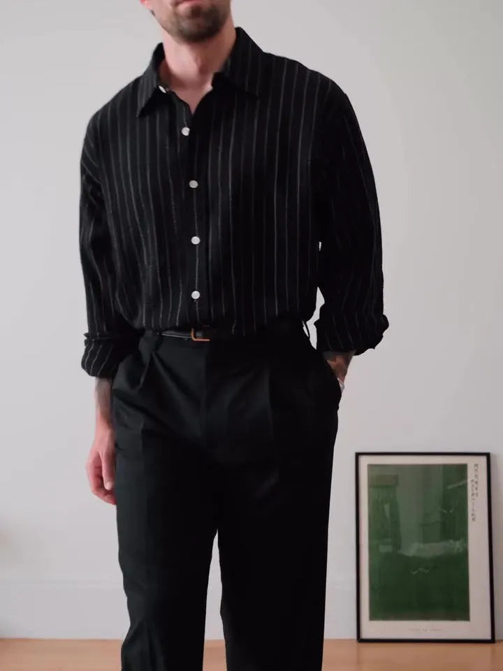 Black pinstriped button-down shirt with striped pattern and regular-length cut