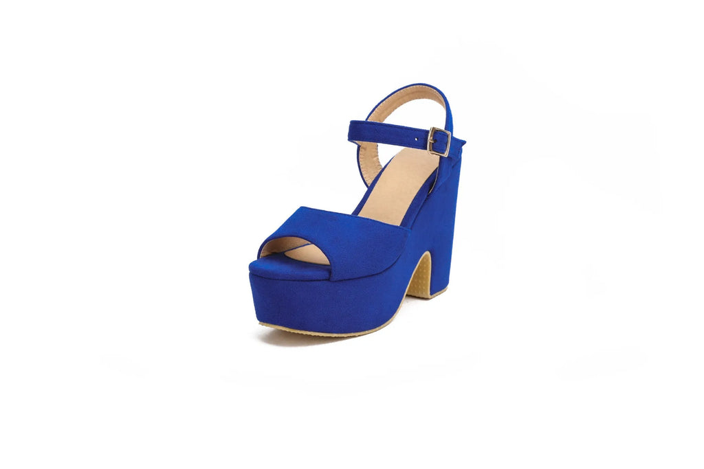 Plus size women's black suede platform sandals with an ankle strap and open toe.