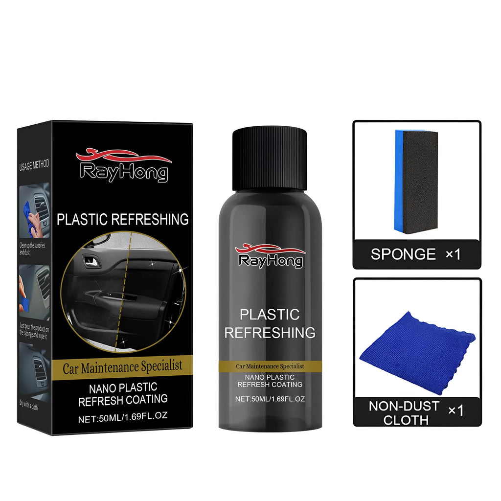 Nano plastic refresh coating kit with repair agent bottle, cleaning sponge and polishing towel