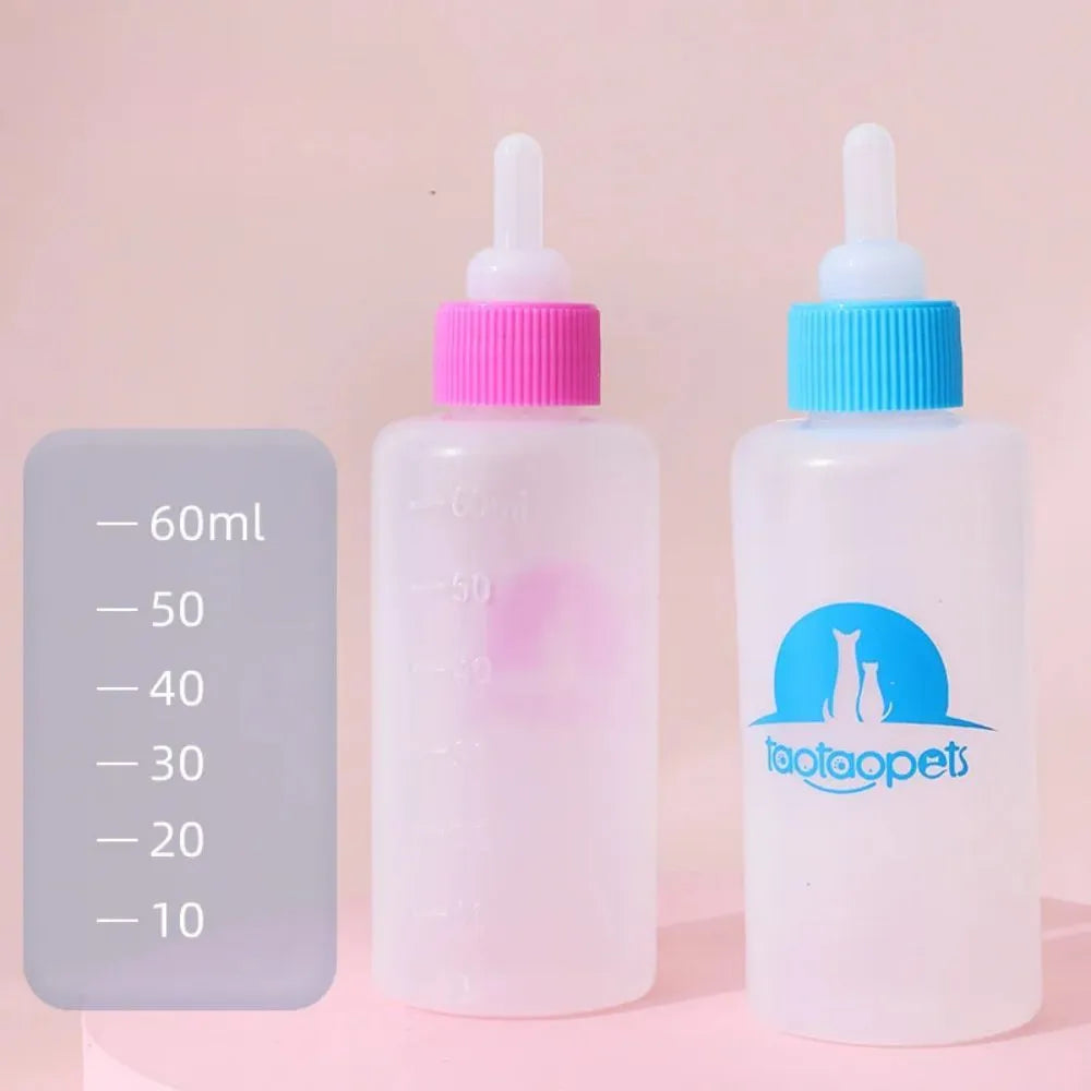 Four coloured pet milk bottle feeders with cleaning brush for newborn puppies and kittens