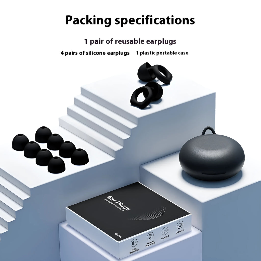 A pair of silicone soundproof earplugs in a choice of colours, presented in an OPP storage case.