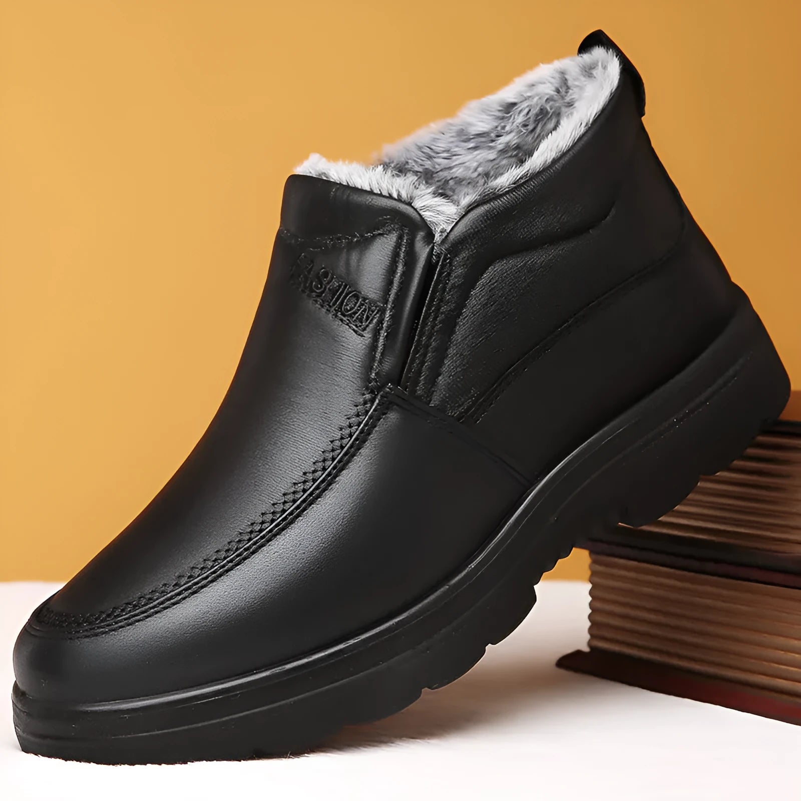 Black and brown waterproof fleece-lined casual winter slip-on shoes with a rubber sole.