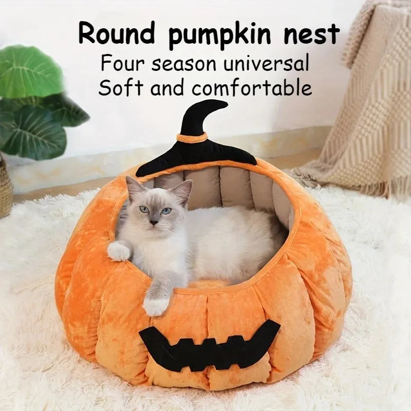 Halloween-themed cat bed with cartoon devil pumpkin design in soft plush material for small pets