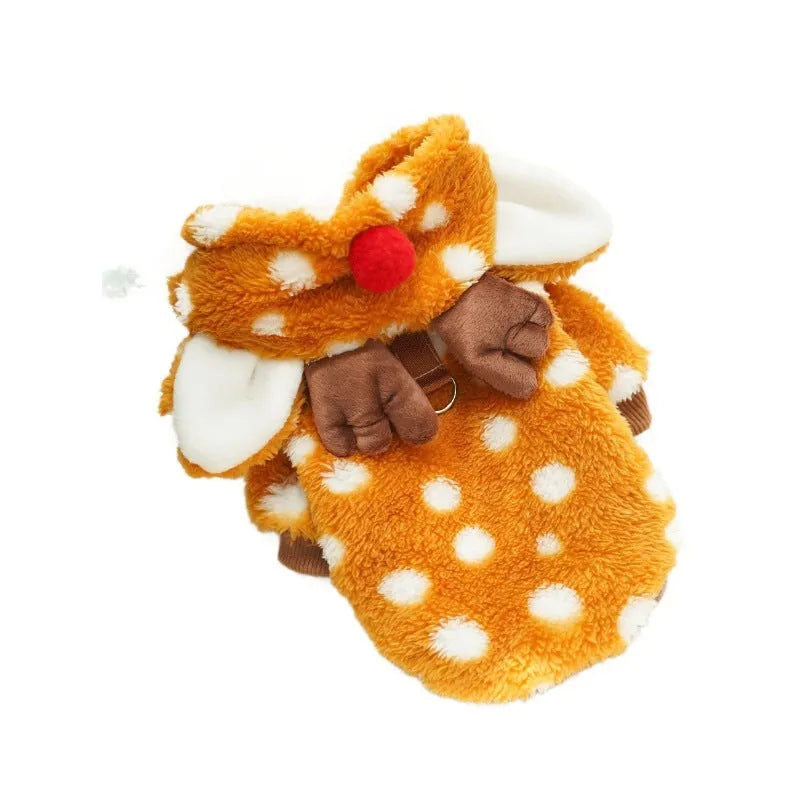 Small dog wearing elk antler Christmas costume with fleece lining and festive design