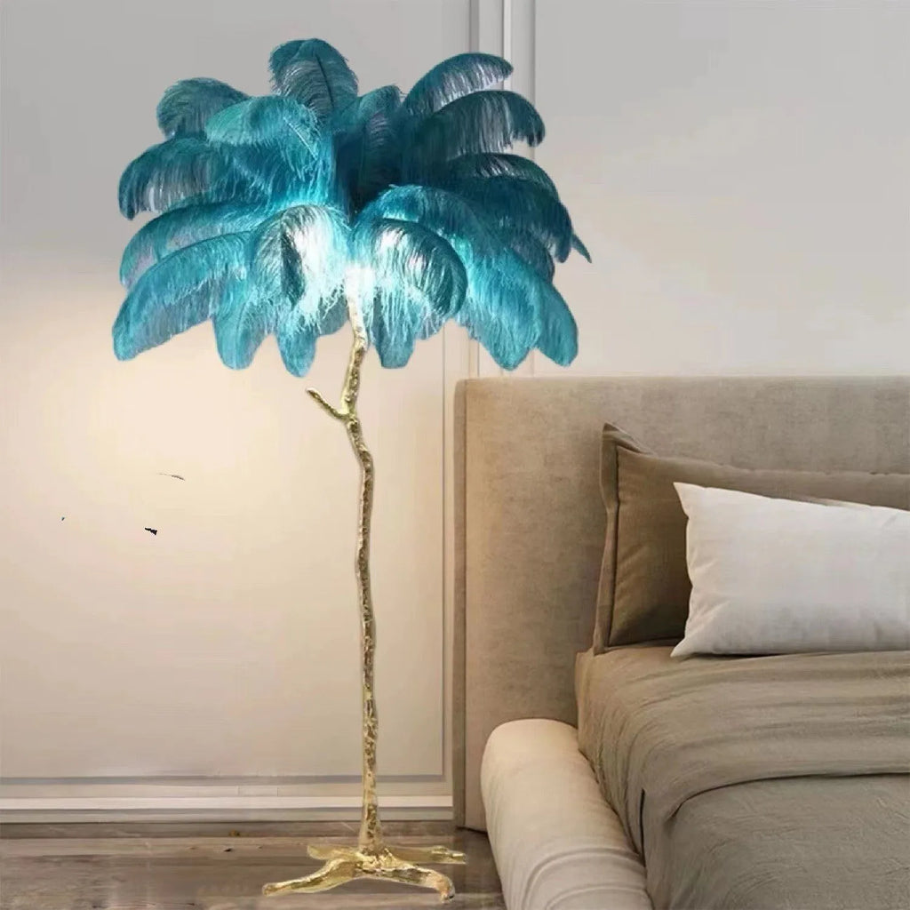 Decorative resin feather floor lamp standing 170cm tall with 32 individual feathers in choice of colours
