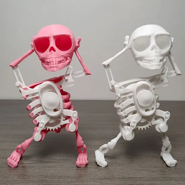 3D printed skeleton man toy in 22cm and 17cm sizes with dancing skeleton pink white, red green, and white options