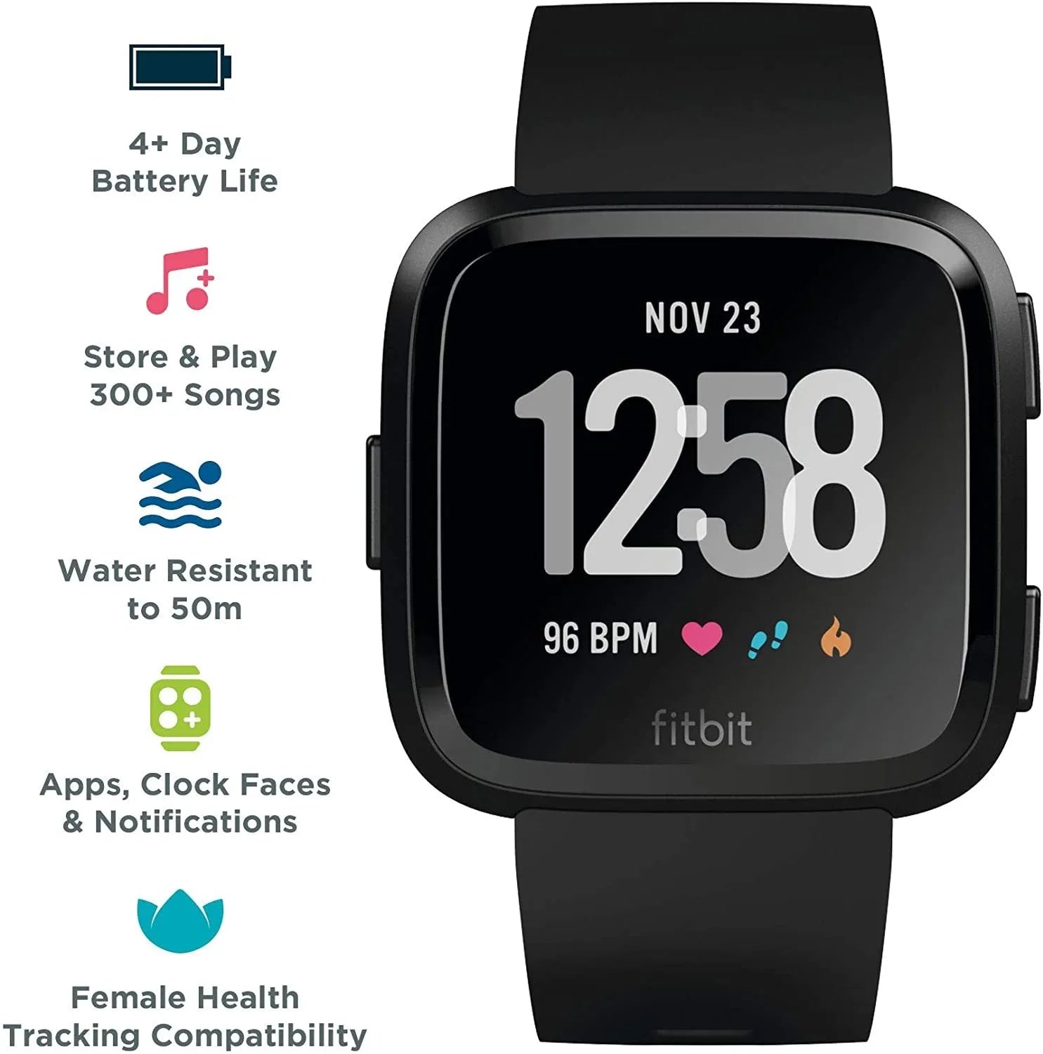 Black waterproof smart watch with heart rate monitor and 1.4-inch touch screen on silicone wrist strap