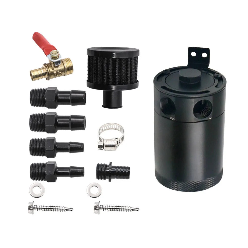 Black and silver aluminium automotive oil pot with two ports and connectors