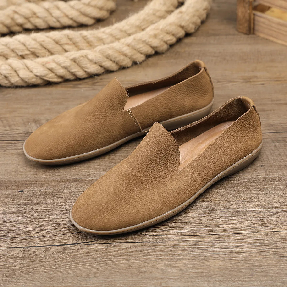 Handmade men's shoes in khaki with first layer cowhide interior and rubber sole