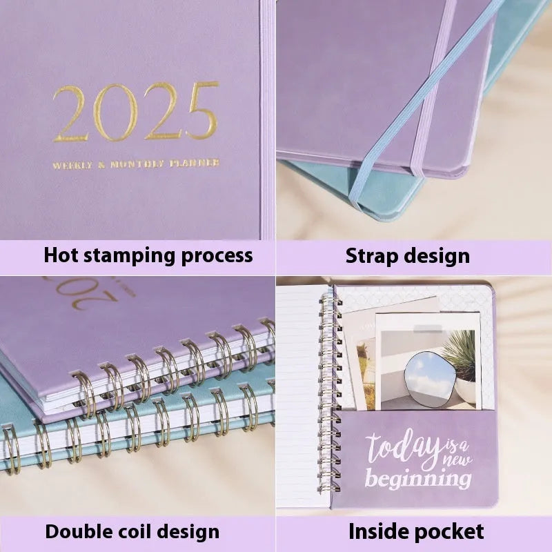 A5 size PU leather notebook with metal coil binding, shown in a choice of cover colours including black, brown, blue, and pink.