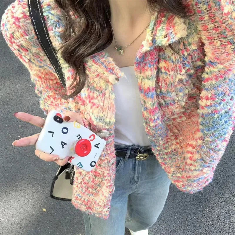 Retro gentle idle style knitted rainbow sweater in pink ice cream colour with slim fit design and medium thickness